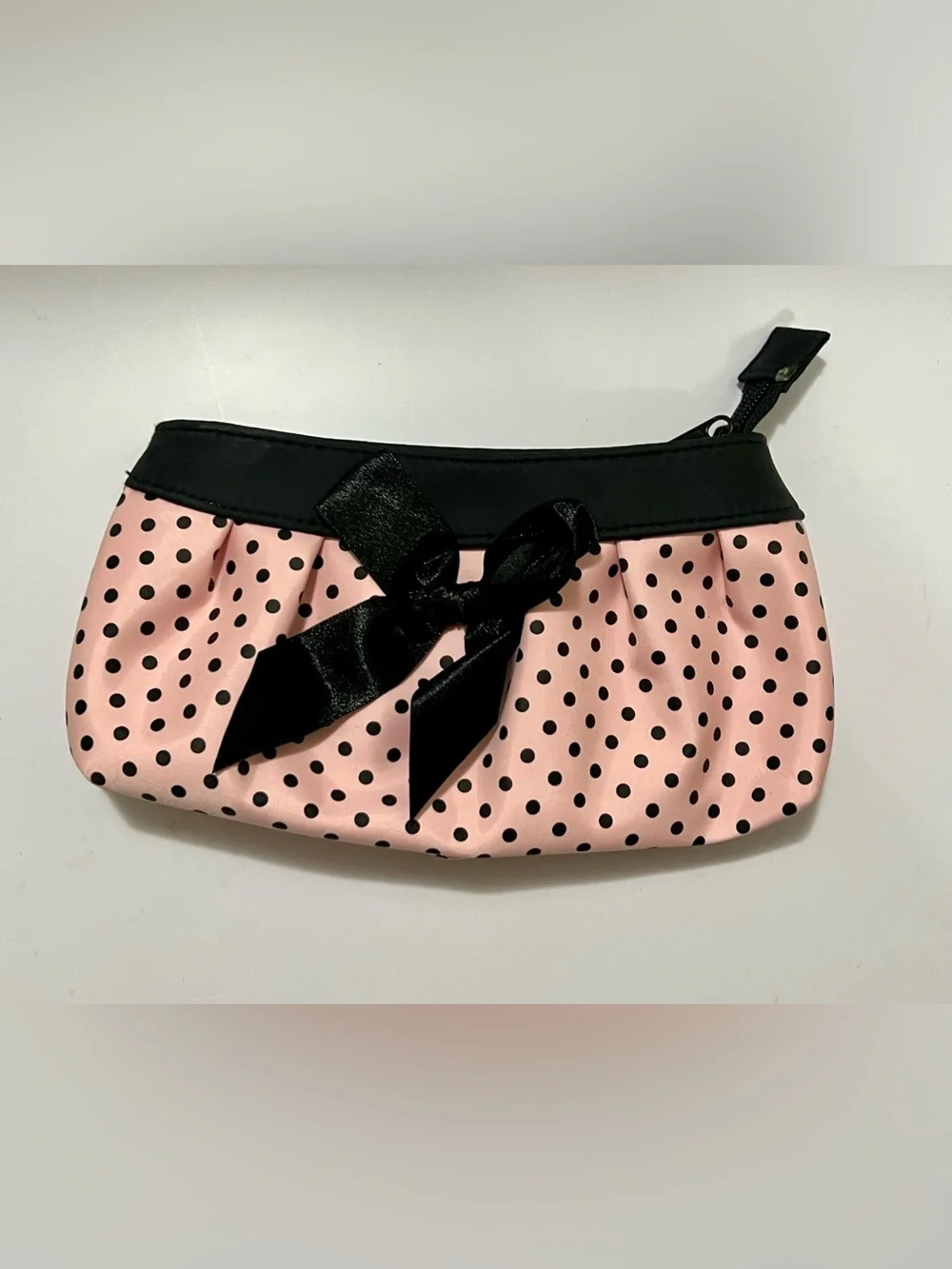 Pink Black Polka Dot Bow Cosmetic Makeup Bag Pouch